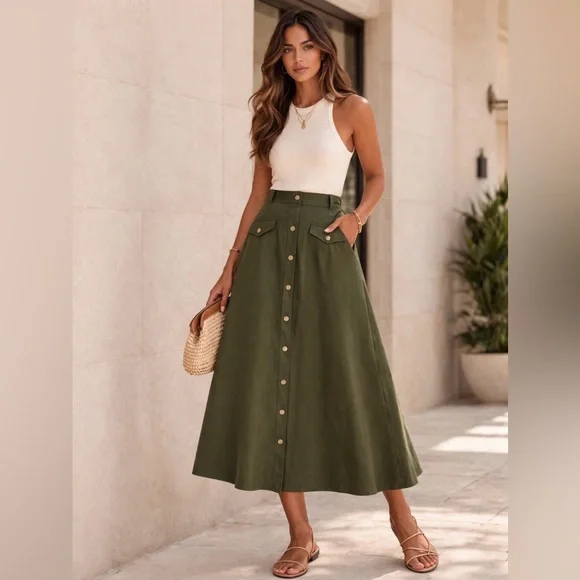 NWT Tuckernuck Olive Green Button Front A-Line Midi/Maxi Skirt Size 6 Pockets - Picture 1 of 6